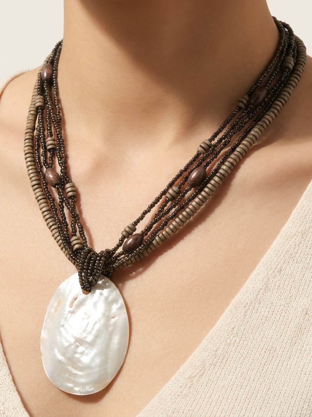 Boho Multi-Strand Brown Seed Bead Necklace | White Shell Pendant Coastal Earthy
